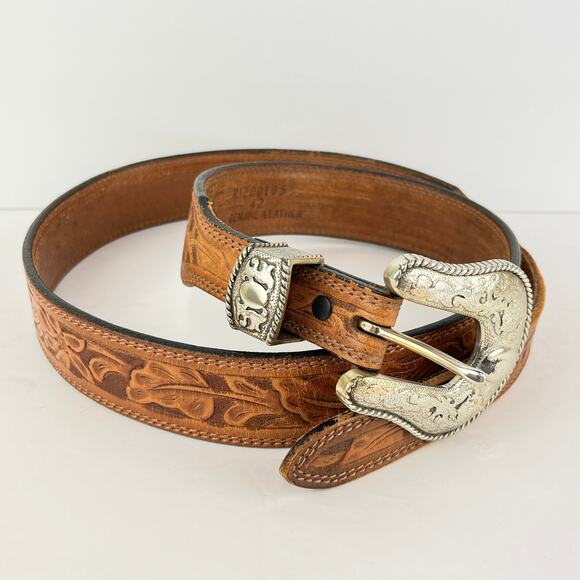 Resistol Tooled Leather Cowboy Belt With Silver Metal Buckle and Slide